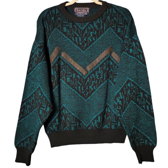 Vintage Barnaby Mens 80s Teal Black Knit Retro Chevron Acrylic Sweater Large - Picture 1 of 8
